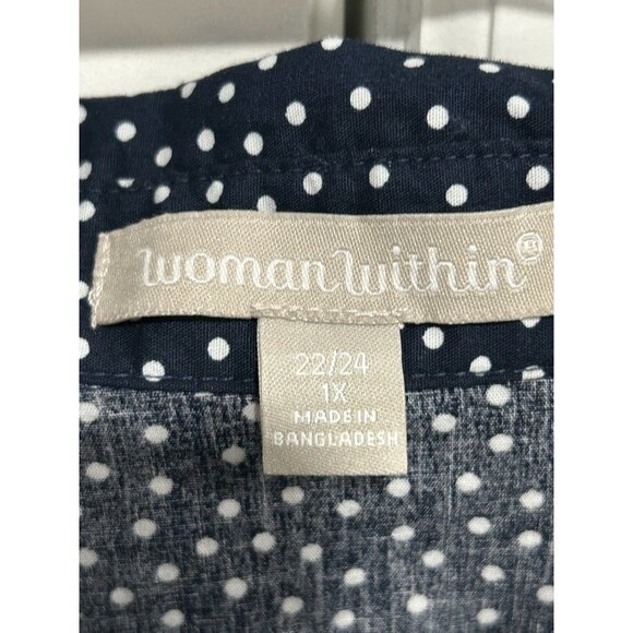 Woman Within Navy White Polka Dot Button Down Shirt 1X Long Sleeve Collared Top - Picture 5 of 10